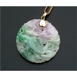 18-Karat Yellow Gold Mounted Carved Light Apple Green to Lavender Jade Amulet Suspended from an I...