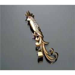 European 18-Karat Yellow and White Gold, Diamond and Ruby Tropical Bird Brooch...