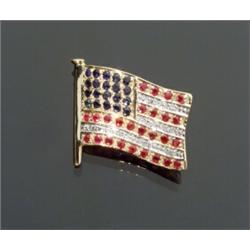 14-Karat Yellow and White Gold, Diamond, Blue Sapphire and Ruby American Flag Pin...