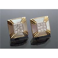 Pair of 18-Karat Yellow Gold, Diamond and Mother-of-Pearl French Clip-back Earrings...