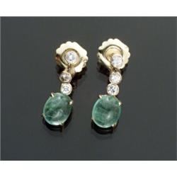 Pair of Tested 14-Karat Yellow Gold, Emerald and Diamond Pendant Earrings...