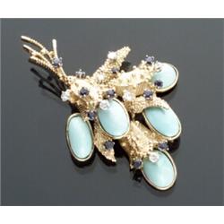 Tested 14-Karat Yellow Gold, Persian Turquoise, Diamond and Blue Sapphire Floral Brooch...