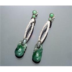 Pair of Art Deco Platinum, Diamond and Jadeite Jade Pendant Screw-back Earrings...