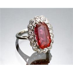 Tested 18-Karat White Gold, Red Spinel and Diamond Dinner Ring...