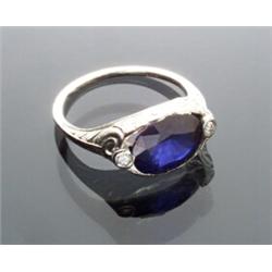 Art Deco 18-Karat White Gold, Blue Sapphire and Diamond Dinner Ring...