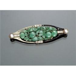 Art Deco Hallmarked 18-Karat White Gold, Jade, Diamond, Pearl and Black Enamel Brooch...