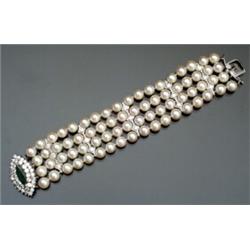 Platinum, Cultured Pearl, Diamond and Emerald Cocktail Bracelet...