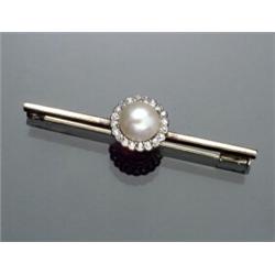 Art Deco Tested 14-Karat White Gold, Cultured Pearl and Diamond Bar Pin...