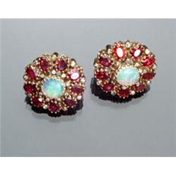 Pair of 14-Karat Yellow Gold, White Opal, Ruby and Diamond French Clip-back Earrings...