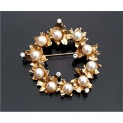 14-Karat Yellow and White Gold, Cultured Pearl and Diamond Wreath Brooch...