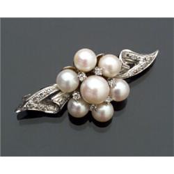 Tested 14-Karat White Gold, Cultured Pearl and Diamond Brooch...