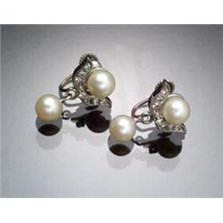 Pair of 14-Karat White Gold, Cultured Pearl and Diamond Screw-back Earrings...