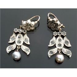 Pair of Low Karat Yellow Gold, Silver, Diamond and Cultured Pearl Pendant Earrings...