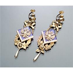 Pair of Russian Tested 14-Karat Yellow Gold, Blue Enamel, Diamond and Seed Pearl Pendant Earrings...