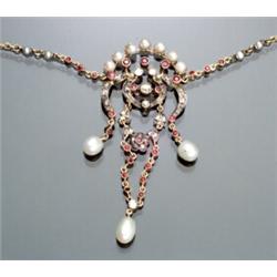 Tested 14-Karat Yellow Gold, Silver, Diamond, Ruby and Cultured Pearl Lavaliere and Chain...