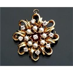 14-Karat Yellow Gold, Red Enamel, Diamond and Cultured Pearl Pendant Brooch...