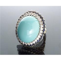 Tested 18-Karat Yellow and White Gold, Persian Turquoise, Diamond and Blue Sapphire Dinner Ring...