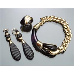 18-Karat Yellow Gold, Diamond, Black Onyx, Black Enamel and Garnet Four-Piece Ensemble...