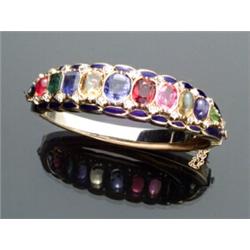 Tested 14-Karat Yellow Gold, Blue Enamel, Diamond, Precious and Semi-precious Stone Bangle Bracel...