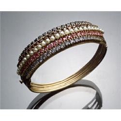 14-Karat Yellow Gold, Blue Sapphire, Ruby, Garnet, Synthetic Blue Spinel and Cultured Pearl Bangl...