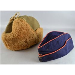Military side cap , other ranks, blue wool with red