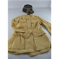 A French military canvas jacket, and a green felt shako