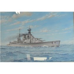 J Earl - watercolour of a battle ship, signed 15 x
