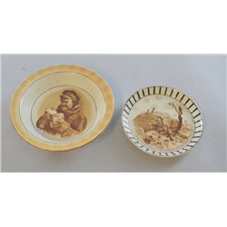 Two dishes with designs by Bruce Fairbrother, depicting