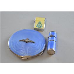 RAF blue enamelled silver compact and lipstick case and
