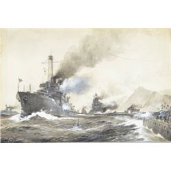 Ellis Silas, warships at sea in battle, watercolour,