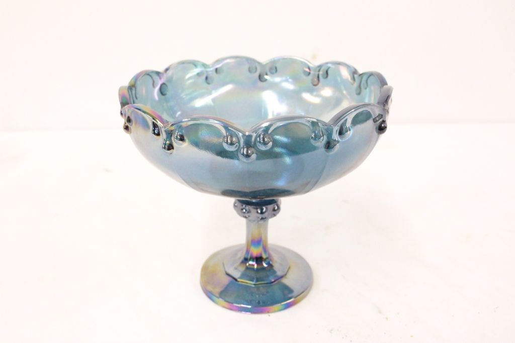 Blue Carnival Glass Pedestal Bowl (possibly a reproduction) (7.5" high