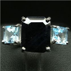 STERLING SILVER BLUE SAPPHIRE & BLUE TOPAZ RING SZ 7.5