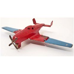 VINTAGE 1940'S PRESSED STEEL AIRPLANE WITH WOOD WHEELS