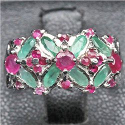 WHITE GOLD OVER STERLING SILVER RUBY & EMERALD RING