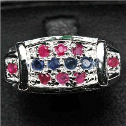 WHITE GOLD OVER STERLING SILVER EMERALD & RUBY RING