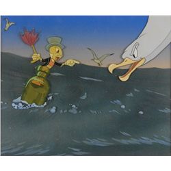 Jiminy Cricket production cel and background overlay of ocean with Courvoisier background from Pinoc