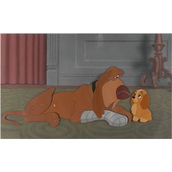 Trusty the Bloodhound and Baby Lady production cel and production background from Lady and the Tramp