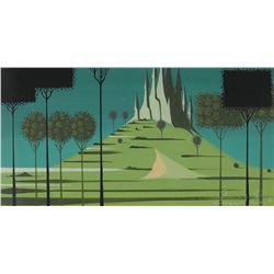 Eyvind Earle concept storyboard painting of the Landscape with Stylized Castle from Sleeping Beauty