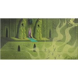 Eyvind Earle concept storyboard painting of Maleficent and Goons in her Throne Room from Sleeping Be