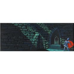 Eyvind Earle concept storyboard painting of Prince Phillip in the Castle from Sleeping Beauty