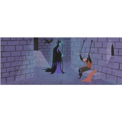 Eyvind Earle concept storyboard painting of Maleficent, Diablo, and Prince Phillip from Sleeping Bea