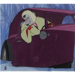 Cruella De Vil production cel and production animated background featuring her car from 101 Dalmatia