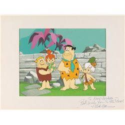 Fred, Barney, Pebbles, and Bamm-Bamm publicity cel with production background from The Flintstones T