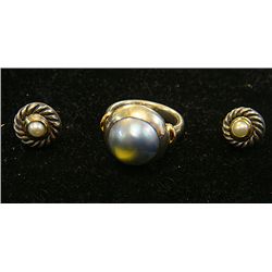 Estate 18kt Gold and Sterling Silver Ladies Ring with Pearl and Pearl Earrings