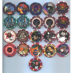 Assortment of 21 various Casino Chips all in mint condition (Red Hot Chili Peppers chip shows min…