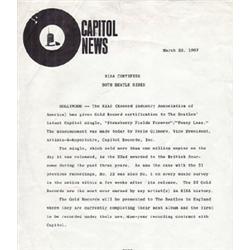 A PRESS RELEASE FROM CAPITAL RECORDS ABOUT THE BEATLES GETTING THEIR GOLD   RECORD FOR STRAWBERRY…