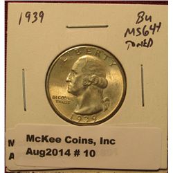 10.1939 P Washington Quarter BU  MS 64+ Toned