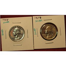34. (2) Proof 90% SILVER Washington Quarters – 1957 P & 1958 P