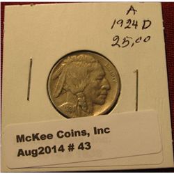 43. 1924 D Buffalo Nickel. F-12. Rare Date. Red Book value $30.00.