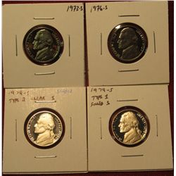 44. (4) Proof Jefferson Nickels – 1973-S, 1976-S, 1979-S type 1 & 1979-S type 2 (scarce).